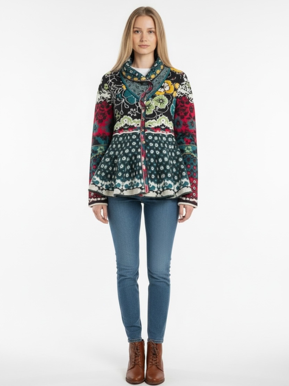 IVKO Colorful Floral Patchwork Boho Lambwool Sweater Jacket